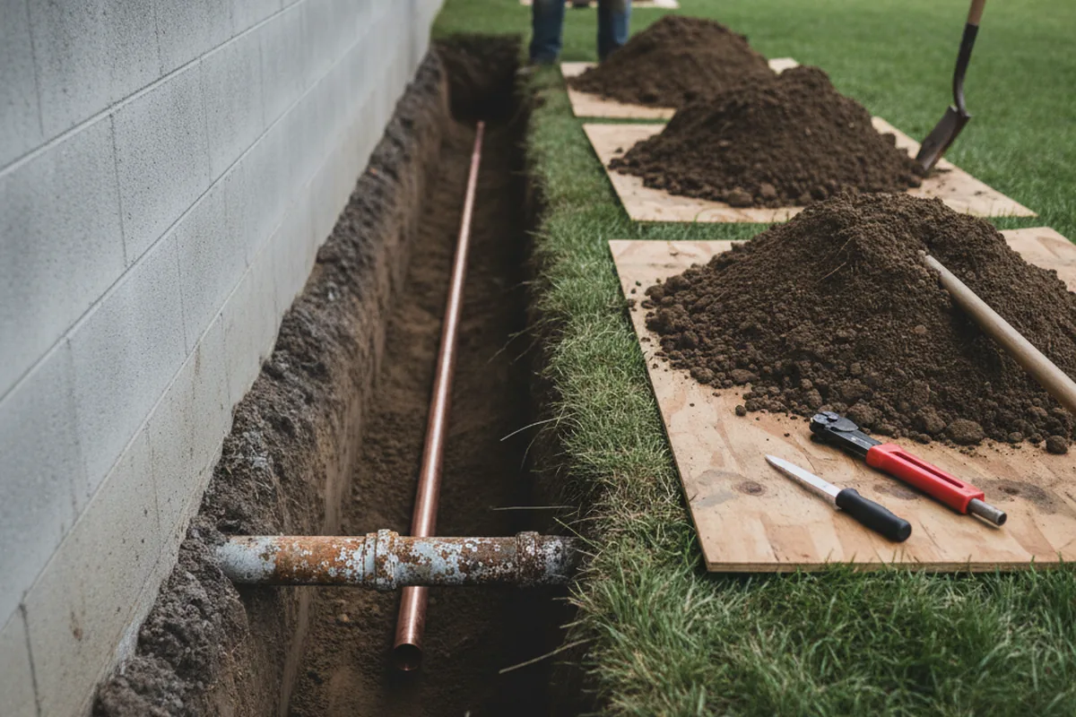 Excavated water line trench during Sewer Line Repair in Vandemere